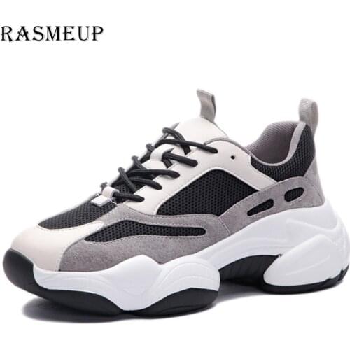 RASMEUP Genuine Leather Mesh Breathable Womens Platform Sneakers 2020 Fashion Height Increase Women Chunky Trainers Woman Shoes