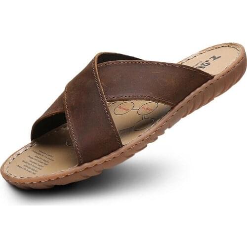 Fashion 2021 New Men Leather Slippers Palm Cross Slides Casual Outdoor Summer Italian Designer Classic Brown Black Men Slippers