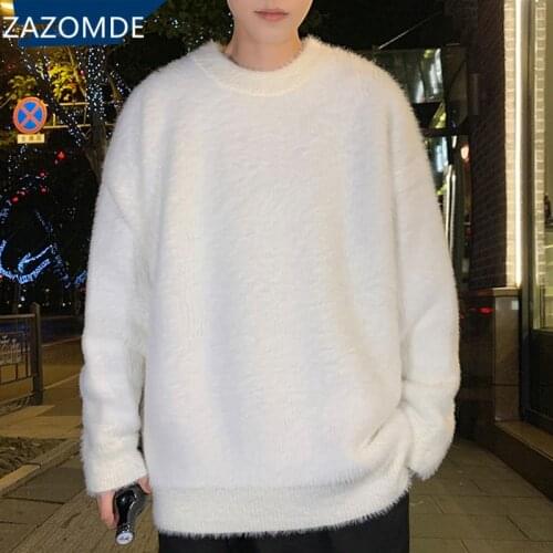 ZAZOMDE Winter Warm Velvet Sweater Men Vintage Casual soft Pullovers Male O neck Loose Knitted Sweater Solid Color Jumper Men