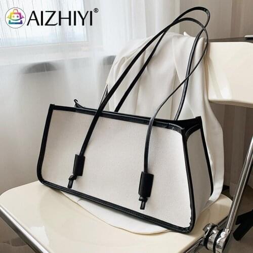 Vintage Women PU Leather Canvas Shoulder Underarm Bag Casual Ladies Hit Color Large Capacity Tote Handbags