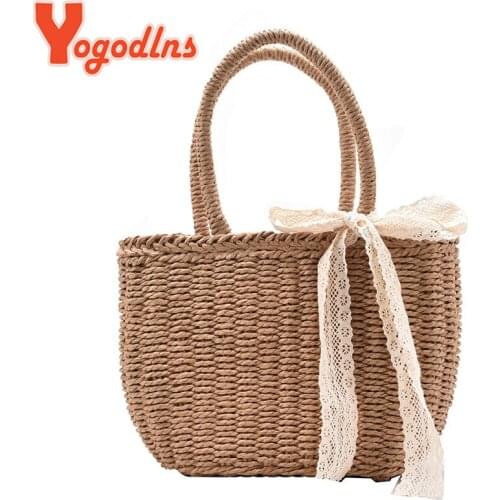 Yogodlns Hot Summer Lace Straw Bag Women Fashion Rattan Handle Bag Handmade Weave Handbag Vacation Lady Beach Bag Casual Pouch