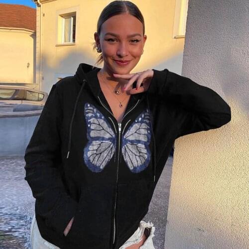 Butterfly Women Y2k Hoodies Zip Up Sweatshirts Autumn Vintage 90s Overisized Hoodie Jacket Zipper Perm Long Sleeve Top Hoodies