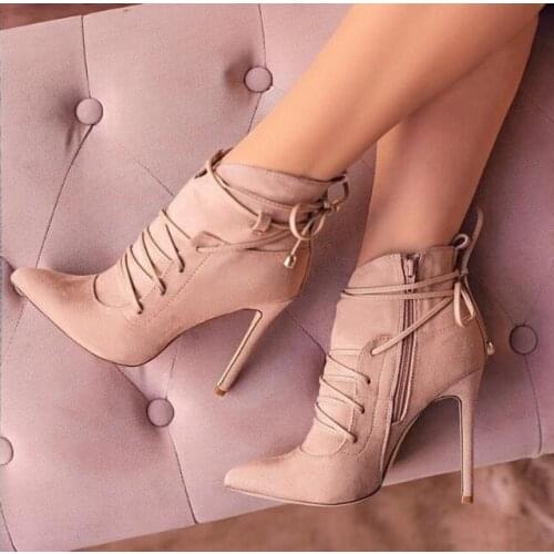High Quality Pink Heel Ankle Boots Pointed Toe Women Suede Bootie Thin Heels Lace-up Side Zipper Short Boots Fashion Ladies Shoe