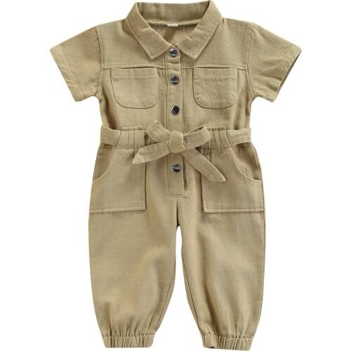 Girls Casual Long Sleeve Jumpsuit Fashion Solid Color Lapel Pocket Single-breasted Belted Long Pants