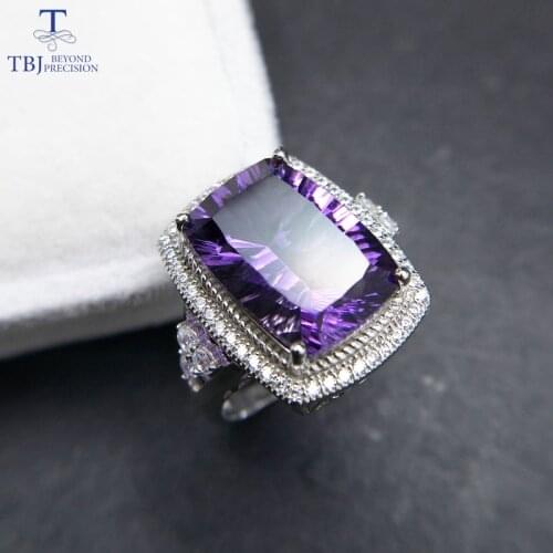 TBJ,Big natural gemstone ring with natural african amethyst cushion 10*14 6ct concave cut gemstone ring for women in 925 silver