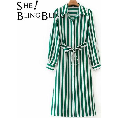 SheBlingBling Za Woman Fashion Print Summer Long Sleeve Casual Shirt Dress A-Line Striped Midi Dress with Sashes Robe femme Traf