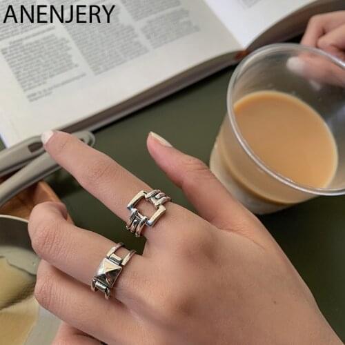 ANENJERY 925 Sterling Silver Rectangular Retro Cone Ring for Women Regular Striped Simple Refinement Party Jewelry S-R978