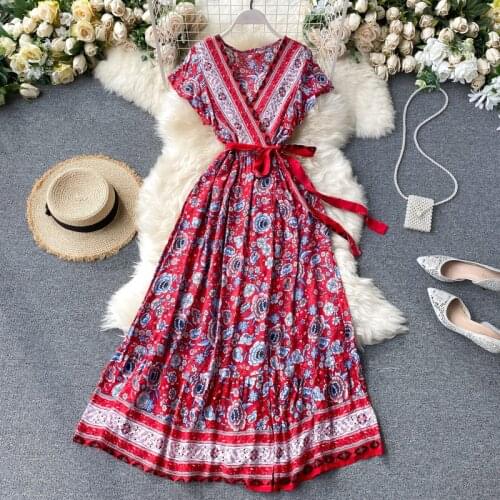 Teeuiear Vintage Boho 2021 V Neck Summer dress floral print Maxi Long Dress Women bandage Party dress Beach Holiday tunic dress