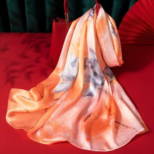 100% Silk Satin Scarf Women Pink Print Neck Scarf Luxury Real Silk Floral Shawl Chinese Style Headscarf Designer Foulard Femme