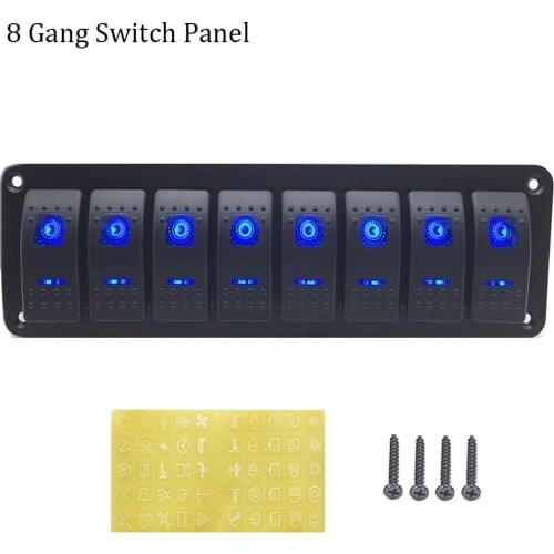 12V-14V Car Marine Boat 8-Gang Waterproof Circuit Blue LED Rocker Switch Panel Breaker DIY Switch Label Decal Car Accessories