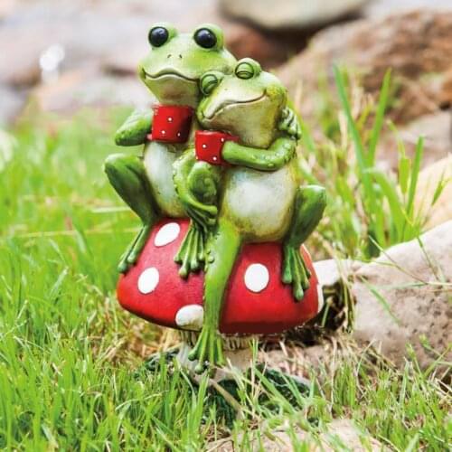 2 Green Frog Sitting On Mushroom Statue Creative Garden Resin Sculpture Frog Figurine Yard Lawn Outdoor Decor estatuas de jardin