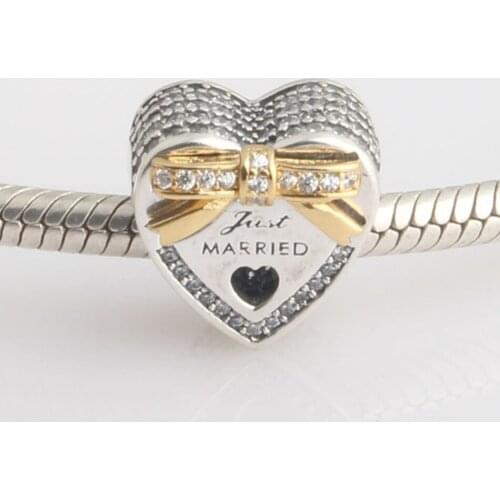 Authentic S925 Silver Bead Charm Crystal Wedding Love Heart With Gold Bow Bead fit Lady Bracelet Bangle DIY Jewelry