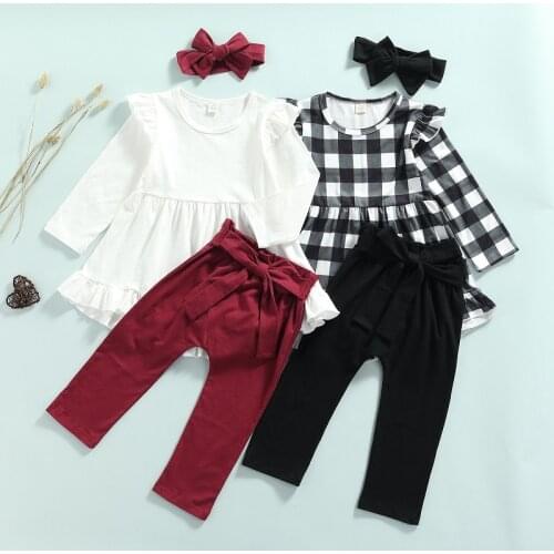 1-6Y Toddler Kids Baby Girl Long Sleeve Pullover Tops Bow Long Pant Trouser Headband 3PCS Girls Clothing Set