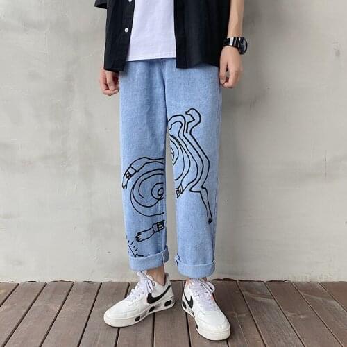 Summer Autumn Loose Graffiti pants men Jeans with holes ripped Blue color Big sizes xxxl 4xl 5xl