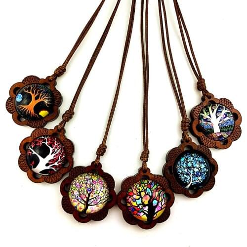Jaingzimei 24pcs Tree of life 25mm glass Cabochon with Wood and ancient silver zinc alloy Base women retro style Necklace