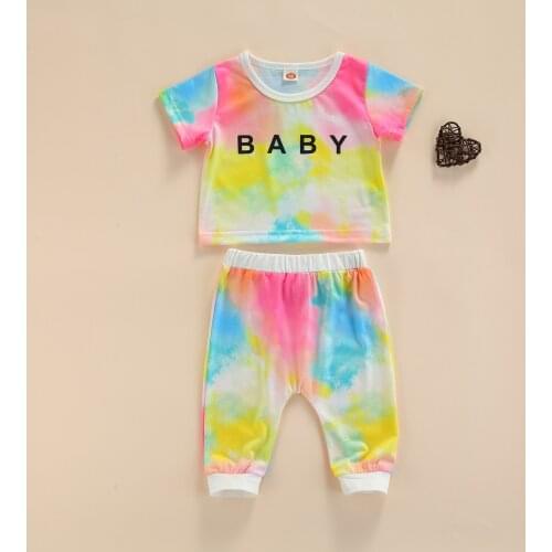 FOCUSNORM 0-3Y 2pcs Infant Baby Girls Clothes Sets Letter Tie-Dye Printed Short Sleeve T Shirts Pants
