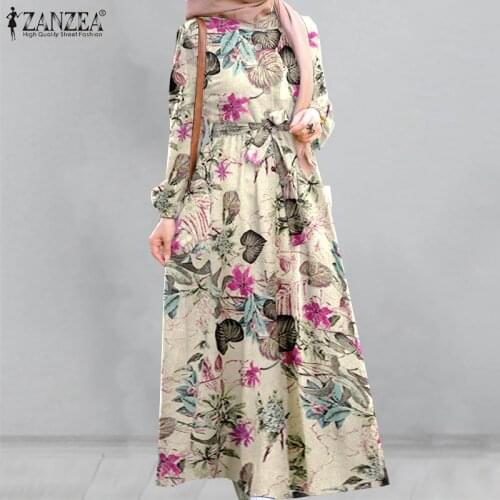 Retro Floral Printed Maxi Dress Womens Autumn Sundress 2021 ZANZEA Female Abaya Dubai Hijab Muslim Dress Kaftan Vestidos Robe