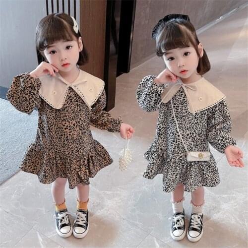 Two Wear Leopard Children Spring Summer Dress Baby Girls Dresses Trendy Kids Long Sleeve Ruffle Special Occasion High Quality