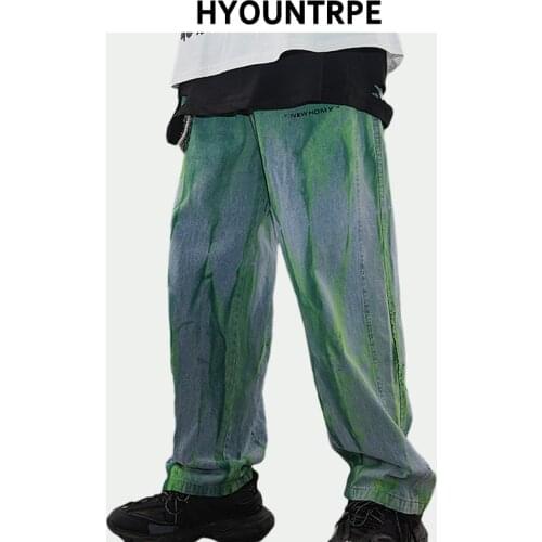 Irregular Tie-dyed Printed Denim Pants Men Straight Zipper Jeans Trouser Hip Hop Streetwear New Casual Loose Joggers Jean Pants