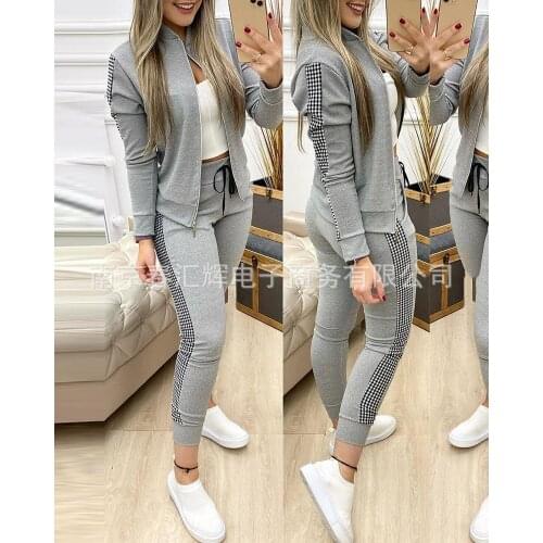 Autumn and winter long sports stitching plaid casual suit two-piece suit, womens two-piece suit