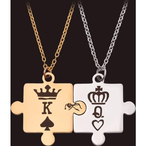 Puzzle Piece Necklace Poker K and Q Pendants Necklaces Couples Jewelry Stainless Steel Link Chain Necklace King and Queen Crown