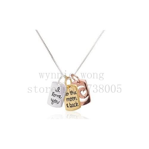 2015 New Inspirational Tri Colored Silver Yellow, Rose Gold "I love you to the moon and back" Open Hearts Charm Pendant Necklace