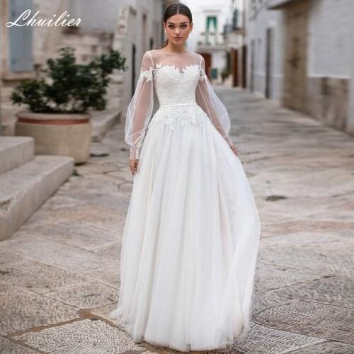 Lhuilier A-line Full Sleeves Tulle Beach Wedding Dresses 2020 Sheer Neck Floor Length Lace Appliques Bridal Dress Sweep Train