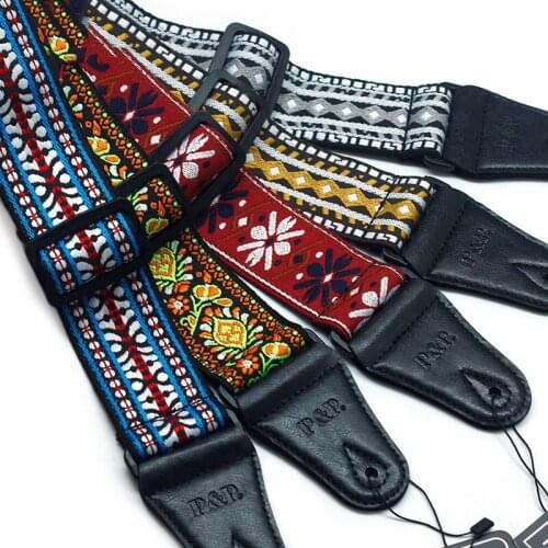 Guitar Strap Embroidery Pattern Retro Ethnic Style Pure Cotton Leather Adjustable 82-137CM Musical Instrument Accessories Solid