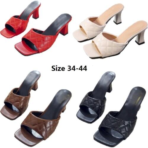 35-44 Size Slippers Womens Large Size Shoes Ladies Square Toe Fashion Mid-heel Non-slip High-heel Female Sandals Slippers