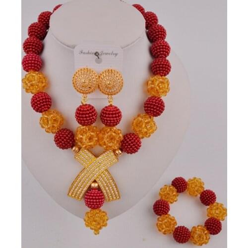 Stylish Wine and Champagne Gold African Costume Jewelry Set Nigerian Wedding Beads Necklace SP-2-4