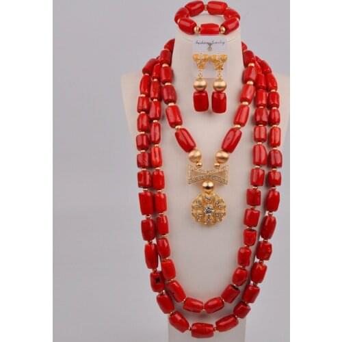 Splendid Red Nigerian Coral Beads African Wedding Necklace Bridal Jewelry Sets 3CB-02
