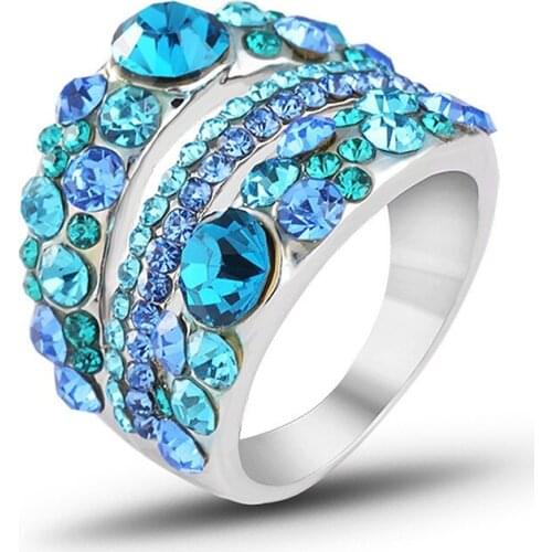 Statement Light Blue Crystal Clear Rhinestone Chunky Adjustable Rings for Women Men Jewelry