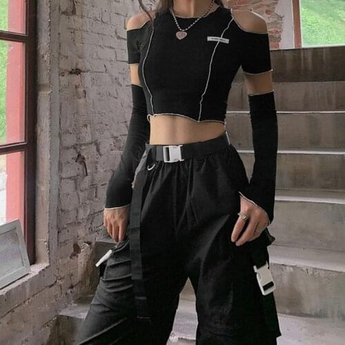 Gothic Clothes Emo E-girl Patchwork Black T-shirts Punk One Shoulder Sleeve Y2k Crop Tops Ruffles Hip Hop Techwear Women Tees