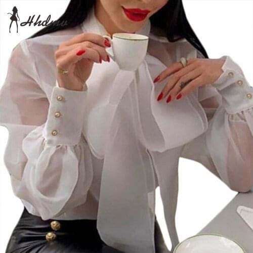 2020 Spring Hot Brand Georgette Shirts Young Fresh Clear White Daily Sexy Regular Bow Top Full Sleeve Women Slim Joker Shirts