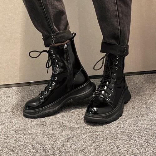MEZEREON Winter Shoes Cross-Tied Cow Leather Women Martin Boots Round Toe Simple Style Ankle Boots Warm Plush Inside Handmade