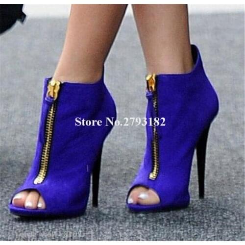 Women Brand Design Peep Toe Suede Leather Stiletto Heel Short Gladiator Boots Gold Zipper-up High Heel Ankle Booties