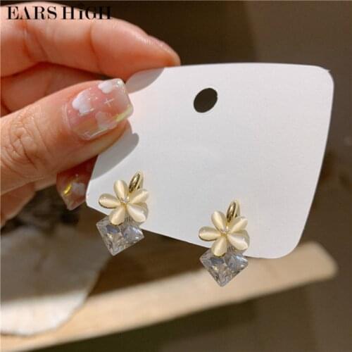 EARS HIGH Hot Sale Korean Elegant Opal Flower Drop Earrings For Women Ladies Cute Square Crystal Pendientes Jewelry