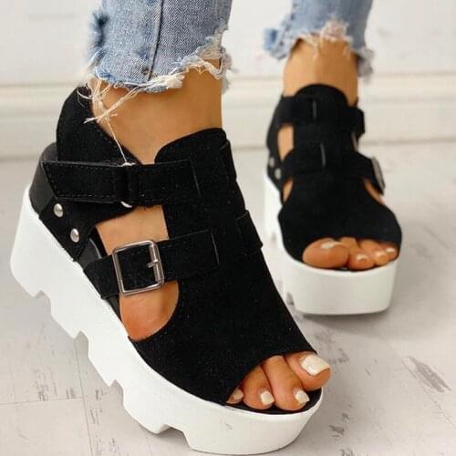 Akexiya 2021 New Summer Sandals Women Wedges Heel Black White Casual Shoes Footwear Buckle Strap Open Toe Platform Women Shoes