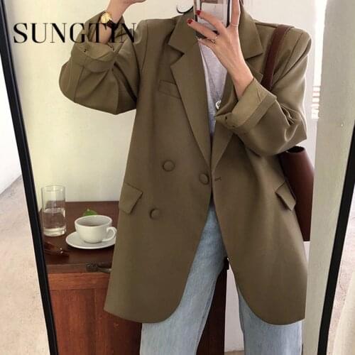 Sungtin Korea Chic Office Lady Blazer Jackets Women Solid Casual Work Loose Blazer Black Vintage Elegant Suit Coat OL 3 Colors