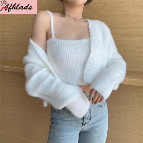 2021 New Autumn And Winter Knitted Sleeveless Tops + Women Cardigan Sweater Outerwear Jackets Casual Loose Two-Piece Sets