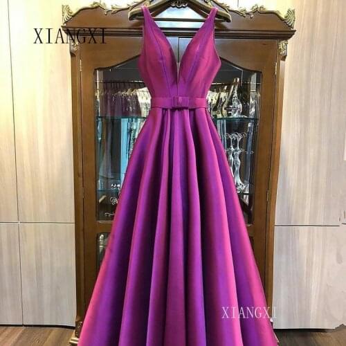 Purple Satin Long Evening Dress 2020 Satin A-Line High Collar Sleeveless V-neck Split Floor Length Evening Dresses