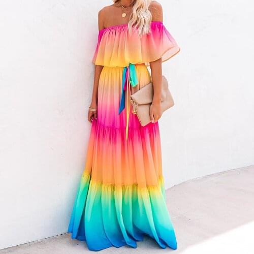 Sexy Long Maxi Rainbow Dress Summer for Women 2020 Strapless Off Shoulder Elegant Chiffon Dresses Autumn Beach Party Club Dress