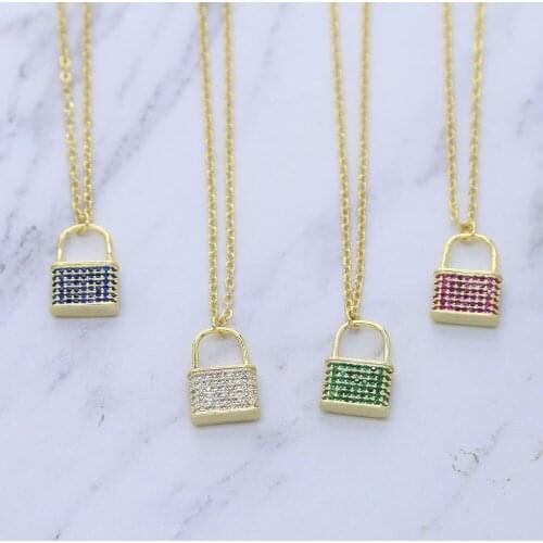 16" with 2" extend chain micro pave colorful cz lock charm cute lovely girl women necklace fashion