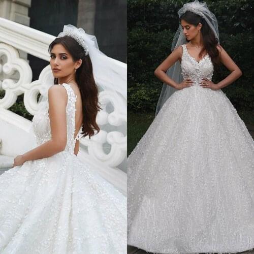 2020 Saudi Arabic Wedding Dresses with Floral Appliques Gorgeous Open Back Sleeveless vestidos de novia Custom Made robes de mar