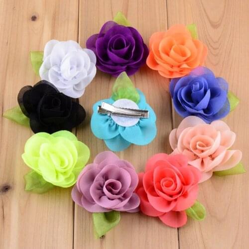 10pcs/lot Girls Hair Beauty Flower With Green Leaf Children Boutique Artificial Hair Flower Headwear DIY Accessories FC38