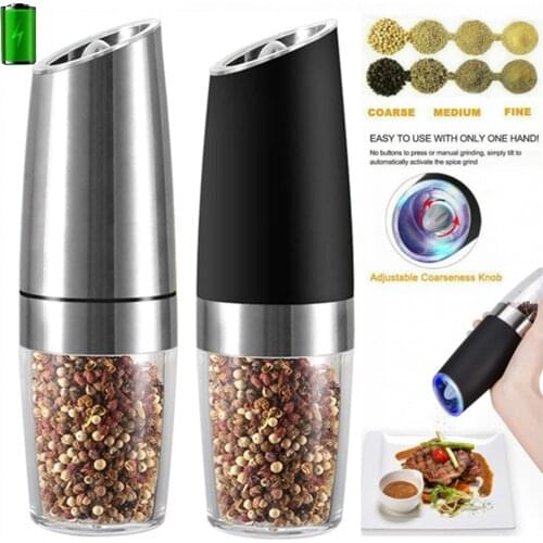 2Pcs Electric Automatic Grinder Pepper Salt Spice Mill Stainless Steel Gravity Sensor Shaker Grinder Adjustable Coarseness Mill