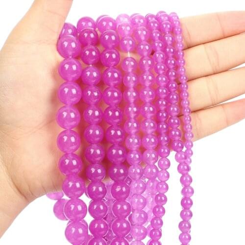 Natural Stone Beads Fuchsia Chalcedony Round Loose Beads for Jewelry Making Needlework DIY Bracelets Necklace Strand 4-12 MM