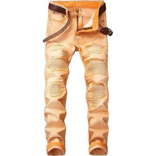 Men Casual Jeans Coated Slim Straight Pleated Biker Jeans Pants Male Denim Casual Pants Plus Size Colored Jeans