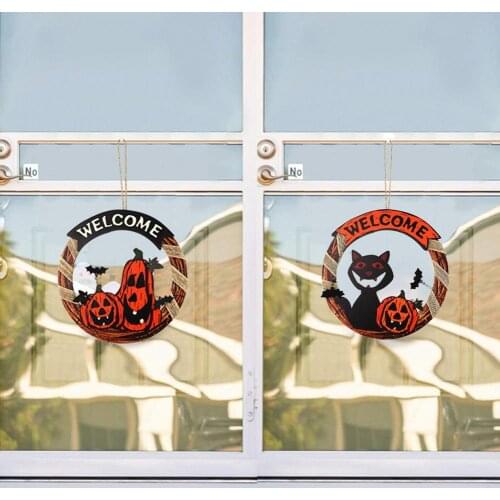 Halloween Door Hanging Welcome Sign Wooden Hanging Front Door Sign Halloween Pumpkin Ghost Door Sign for Home Outdoor Decor