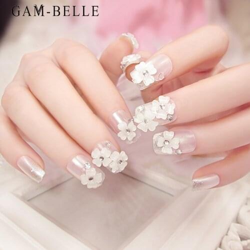 GAM-BELLE Glitter Square Fake Nails with French 3D White Flowers Artificial False Nails Wedding Nails Decorations Manicure Tool